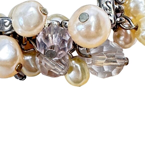 Simulated Pearl & Faceted Glass Bead Bracelet Stretch EUC Boho Bohemian Elegant - Picture 4 of 10